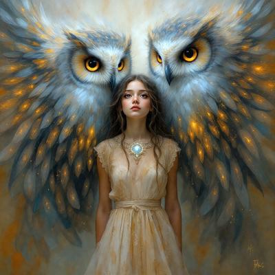 The primary subject of the image is a woman wearing a white dress, with her eyes closed. She is surrounded by two large, colorful, and ornate owls, one on her left and the other on her right. The setting appears to be a painting or a digital artwork, with the woman and the owls as the main focus. The visual style is artistic, and the colors and mood are vibrant and lively.